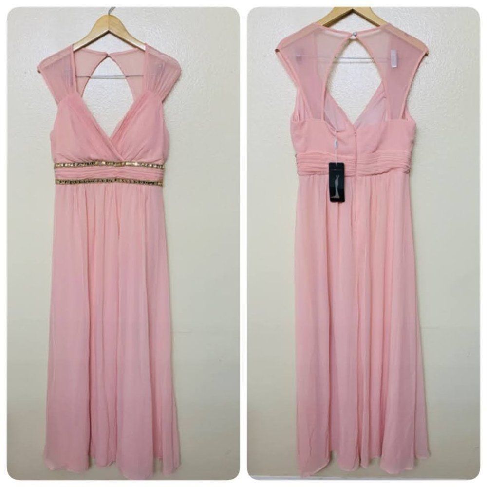 Ever Pretty Evening Gown Beaded Open Back High Waist Size 12 Pink Cut Out - Picture 2 of 10